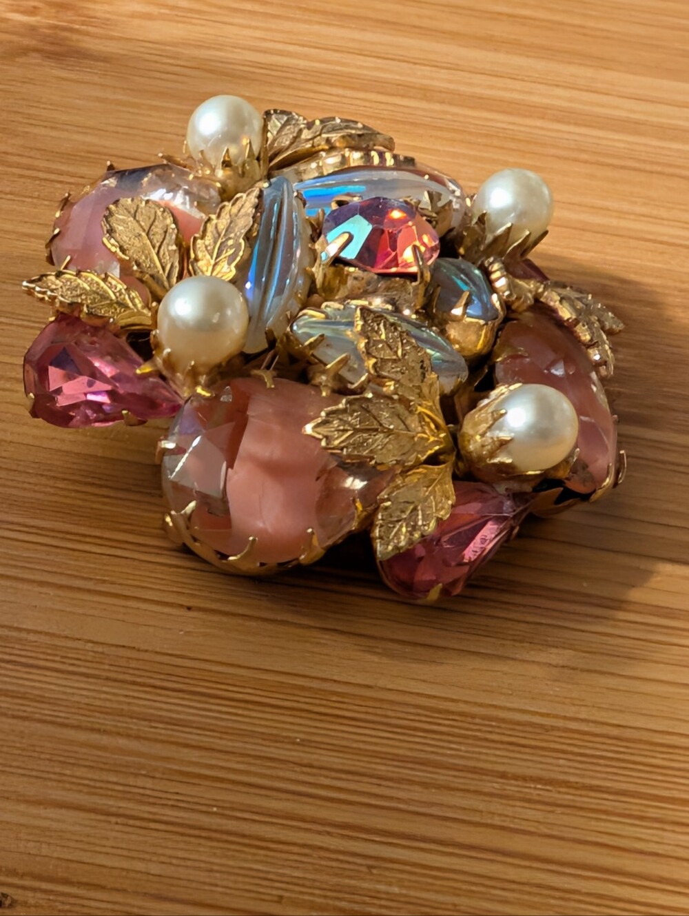 Vintage Gold-Tone Pink Crystal & Pearl Floral Brooch